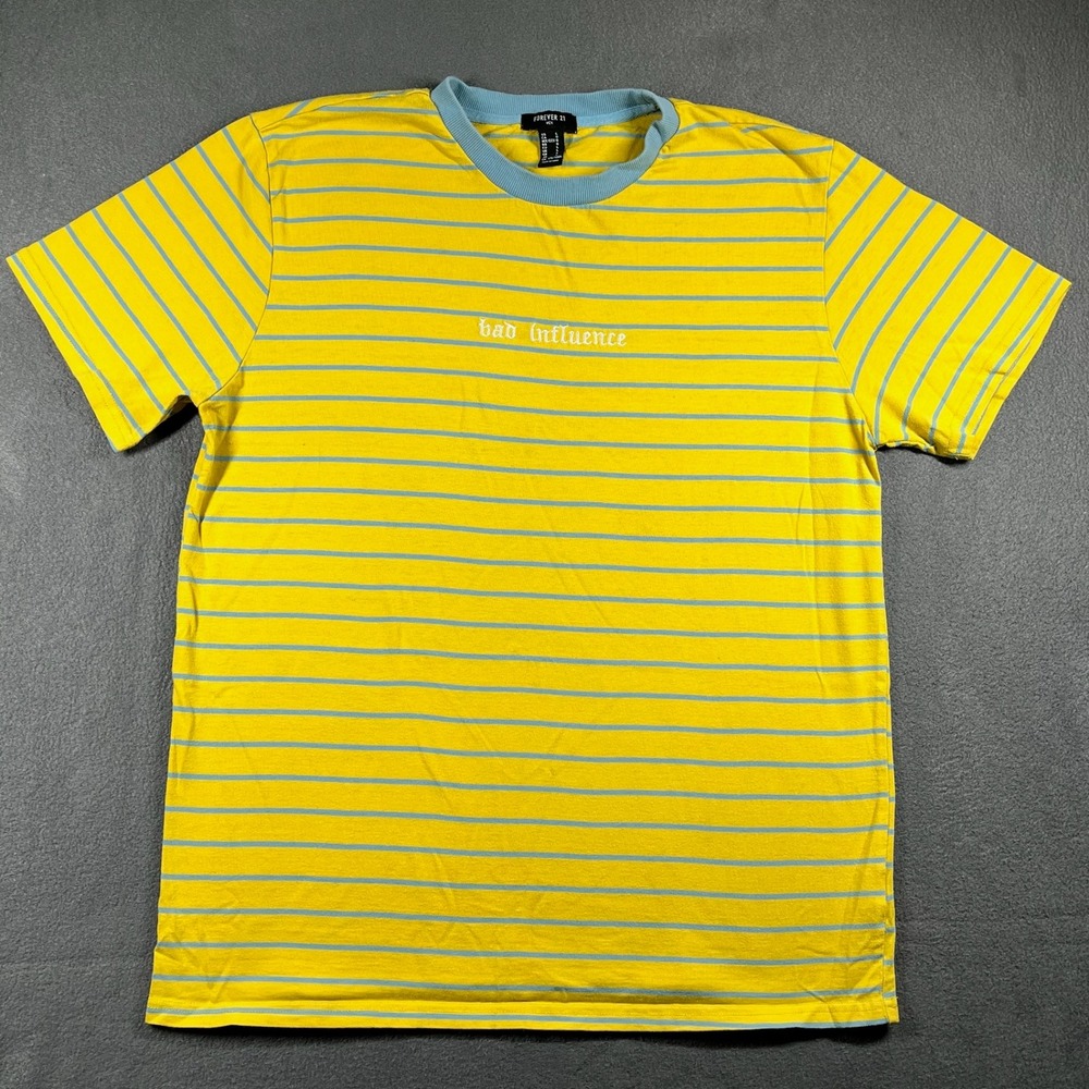 Forever 21 Striped T-Shirt Bad Influence Graphic Tee Yellow Blue Large